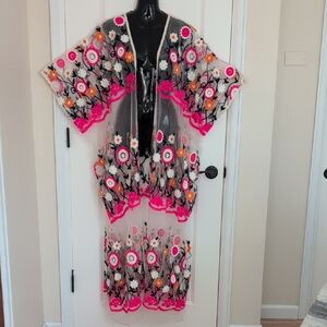 Sheer Embroidered Floral Kimono / Abaya Style Duster